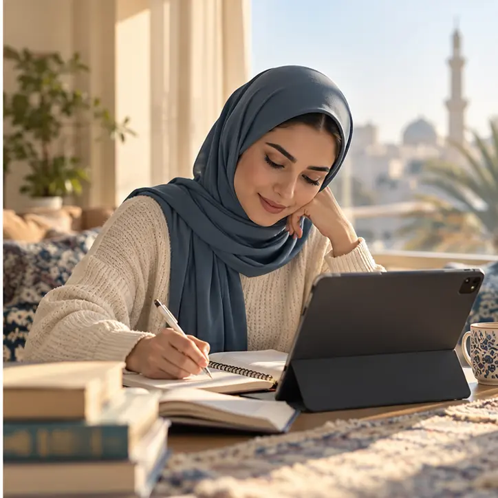 طالبة تراجع دروسها وملاحظاتها عبر جهاز لوحي
